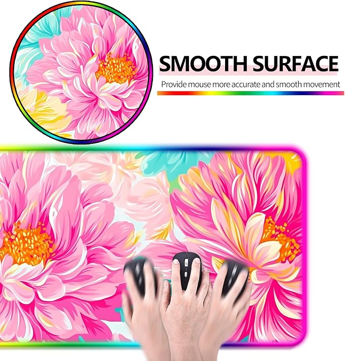 RGB Pink Flower Gaming Desk Mat, Computer Keyboard Large Extended Long Floral LED Mouse Pad for Office and Home, XL (W29)
