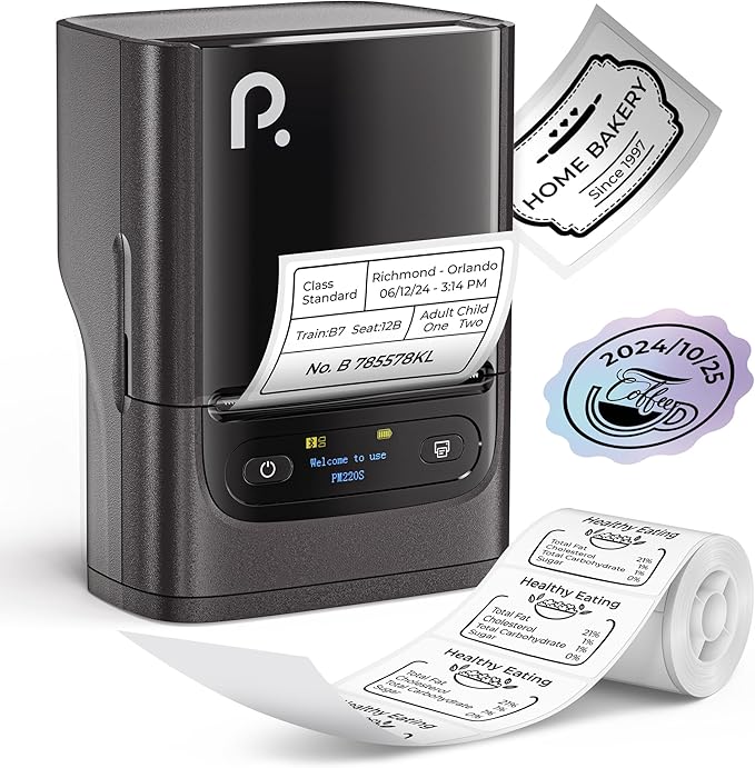 POLONO PM220S Label Maker Machine with Tape, Bluetooth Thermal Label Printer, Portable Sticker Printer,Chocolate Dark