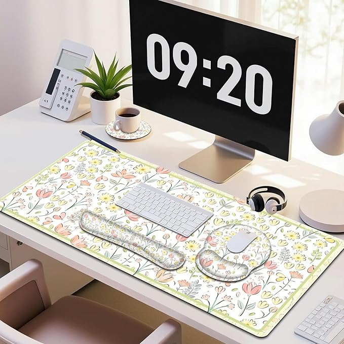 Desk Mat, 4in1 Large Mouse Pad with Wrist Rest, Cute Desk Matt for Desktop, Desk Pad Mat, Anti-Slip XXL Computer Ergonomic Mousepad with Wrist Support for Keyboard and Mouse I Nice Yellow Flowers