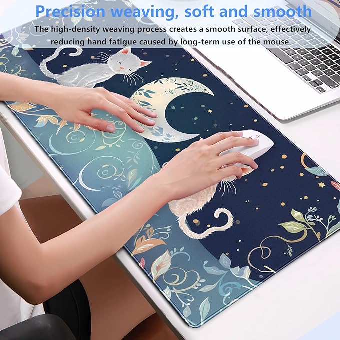 XL Desk Mat Large Gaming Mousepad with Cute Cat & Moon Design, Boho Plants & Nature Pattern, Non-Slip, Stitched Edges, for Keyboard and Mouse, 31.5 x 15.7 in