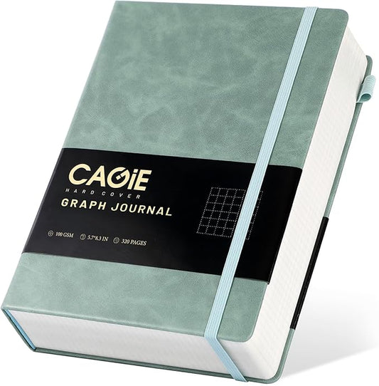 CAGIE Graph Paper Notebook- 320 Pages 100 GSM Graphing Grid Journal A5 Hardcover Leather Quad Ruled Notebooks for Engineering, Math, Work, Green