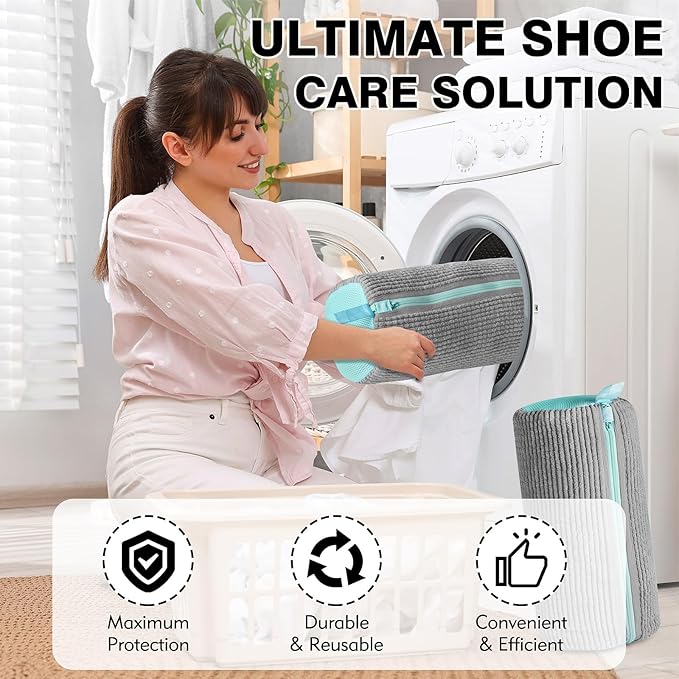 Shoe Washing Machine Bag Upgrade Version Laundry Shoe Bag for Washer and Dryer 100% Safe and Easy Shoe Cleaning 1 Pair (Gray, One Size)