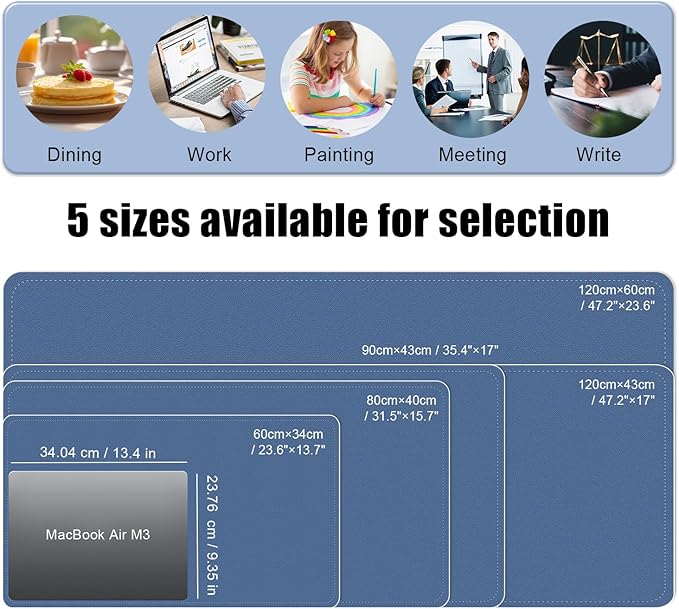 BLESWIN Large Desk Pad, 47.2'' x 23.6'', Office Desk Mat, Computer Mat for Desk, Leather Desk Pad Protector, Sewing Desk Blotter, Desktop Writing Pad for Office/Home/Decor Lake Blue