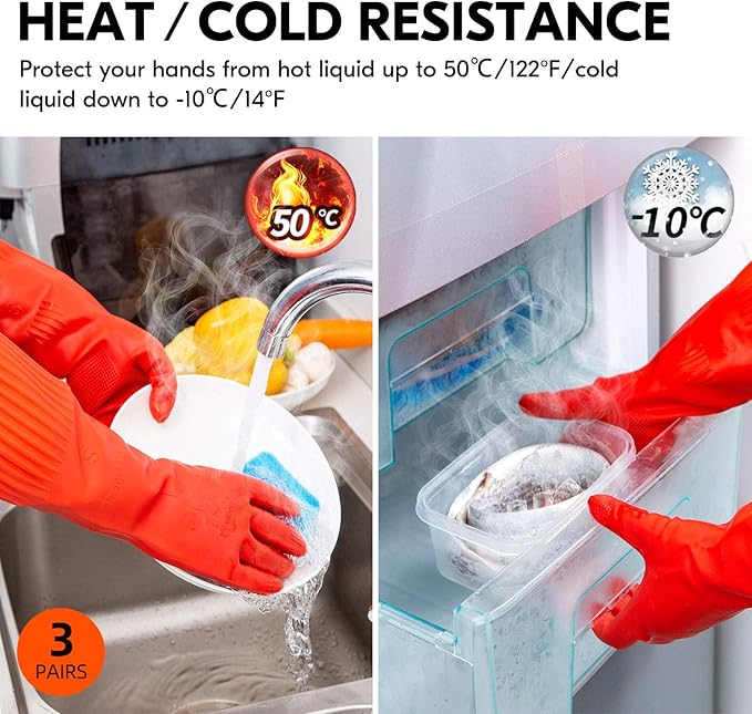 Vgo... 3-Pairs Dishwashing Gloves, Reusable Household Gloves, Long Sleeve, Thick Latex, Cleaning, Washing, Working, Painting, Gardening, Pet Care (Size M, Red, RB2143)