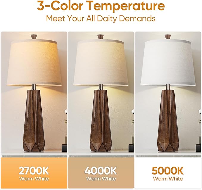 WIHTU 3 Color Temperature Table Lamps Set of 2, Beside Lamp with Linen Shade, 27'' Wood Grain Color Modern Table Lamp for Living Room, Resin Desk Lamp for Nightstands Bedroom Decor (2 Bulbs Included)