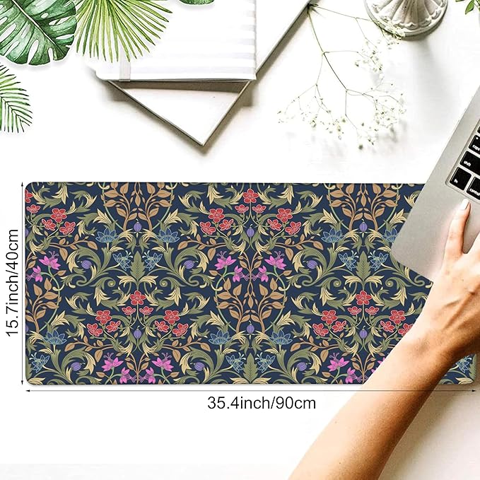 Desk Pad, Retro William Morris Floral XXL Gaming Mouse Pad with Stitched Edges,Non-Slip Waterproof Rubber Base Large Desk Mat for Keyboard and Mouse 35.4"x15.7"