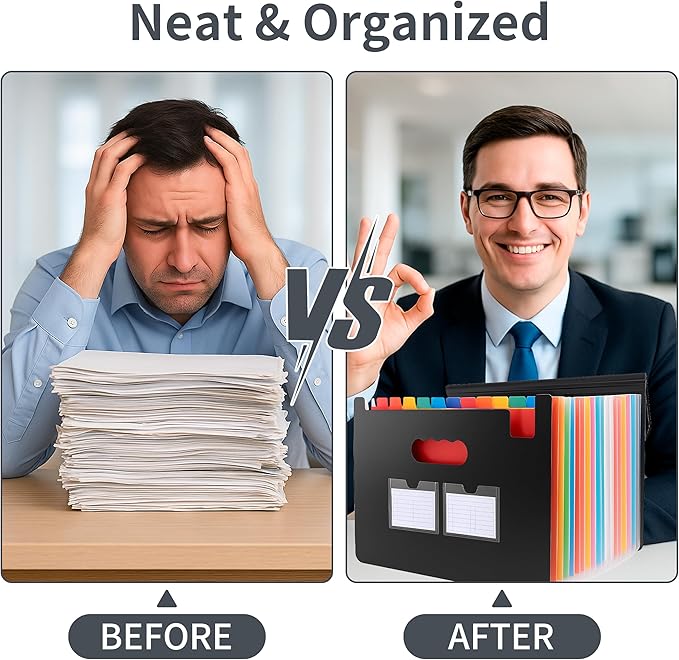 Accordion File Organizer, 2 Pack Secure Closure Expanding File Folder with 25 Pockets, Blank Labels and Colorful Inner Page, Large Waterproof Quick Access Folder Organizer for A4/Letter Size, Black