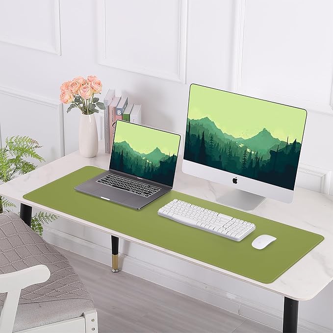 Leather Desk pad Protector, Large Desk mat with Natural Cork & PU Leather,Mouse pad,Non-Slip Office Desk Mat,Waterproof Desk Writing Pad for Office and Home (47in*23.7in, Olive Green)