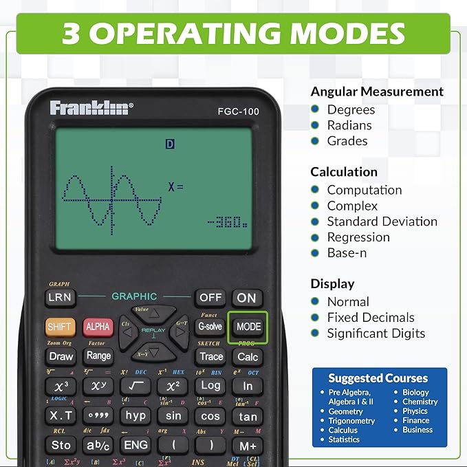 Franklin Scientific Graphing Calculator with 3 Operating Modes - Scientific Calculator Includes 20 Built-in graphs - Ideal for Beginner and Advanced Courses with Protective Cover - White