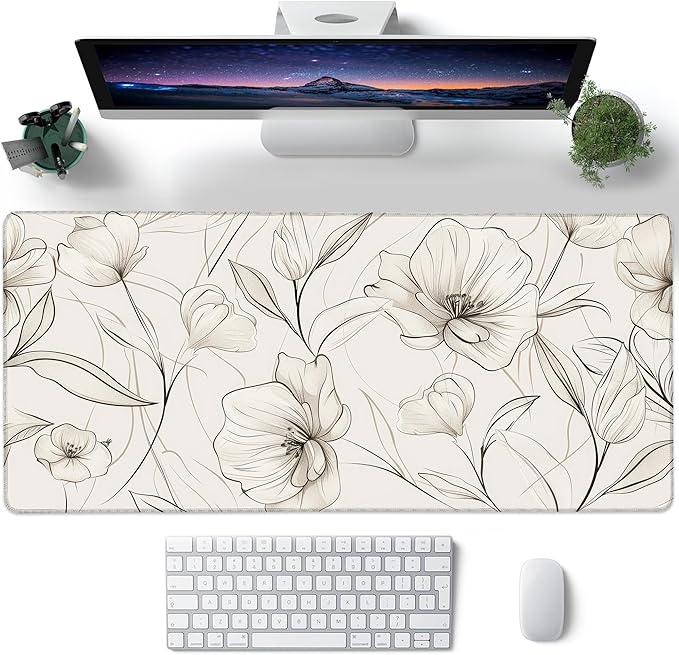Desk Pad, Boho Minimalist Flowers XL Gaming Mouse Pad with Stitched Edges,Non-Slip Waterproof Rubber Base Large Desk Mat for Keyboard and Mouse 31.5"x11.8"