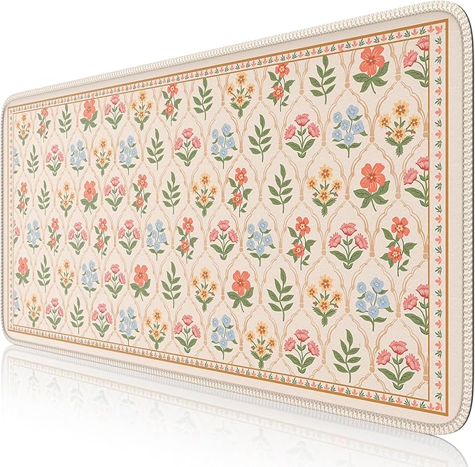 iCasso Large Mouse Pad,Floral Desk Mat,Non Slip Desk Pad,Computer Mats for Desktop, Gaming Mouse Pad 15.7X35.4 Inches,Comfortable Lycra Surface Keyboard Pad for Office Home School (Beige)