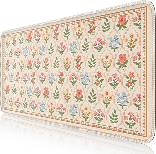 iCasso Large Mouse Pad,Floral Desk Mat,Non Slip Desk Pad,Computer Mats for Desktop, Gaming Mouse Pad 15.7X35.4 Inches,Comfortable Lycra Surface Keyboard Pad for Office Home School (Beige)