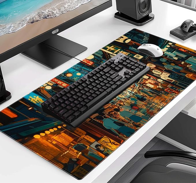 Cute Japanese Street Desk Mat, Anime Tokyo Street Night Scene Large Mouse Mat XXL, Computer Desk Mat 35.4 x 15.7 x 0.12 Inches
