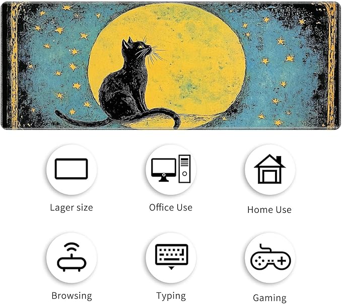 Desk Mat Large Gaming Mouse Pad (31.5x11.8 inch) with Stitched Edges, XL Mouse Pad +Coaster, Extended Mouse Mat Keybroad Mousepad Non-Slip Rubber for Gamer Men Women, Black Cat Moon