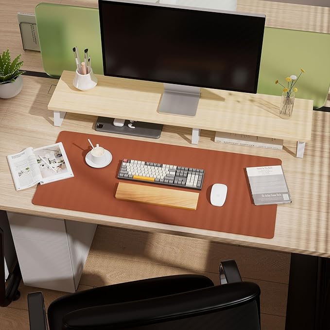 Aothia Dual-Sided Desk Pad - Leather Desk Mat, Natural Cork Desk Pad Protector, Large Mouse Pad for Desk, Waterproof Desk Blotter Pad, Desk Writing Pad for Office Work/Home, Maple Brown (25.6"x13.7")