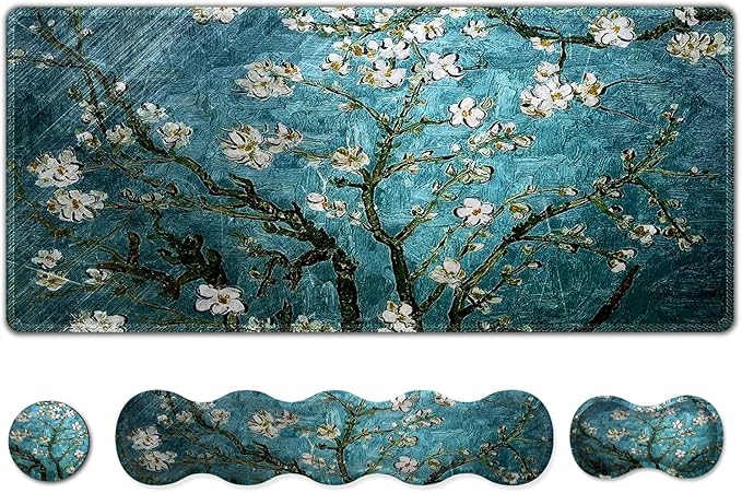 Upgraded Extended Gaming Mouse Pad, Keyboard Wrist Rest Pad, Wrist Support Mousepad Set, Artso Large Stable Rubber Base Stitched Edges, Multifunctional Desk Pad 35 x15.5 in, Blue Van Gogh Painting