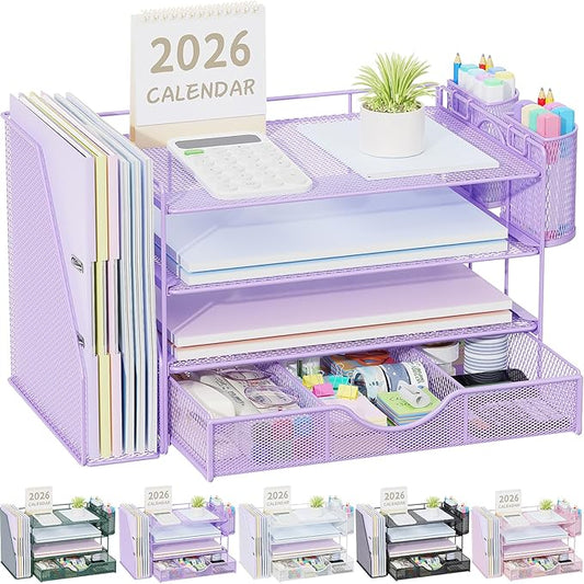 gianotter Desk Organizers and Accessories with File Holder, 4-Tier Desk Accessories & Workspace Organizers with Drawer and 2 Pen Holder, Paper Organizer for Office Supplies (Purple)
