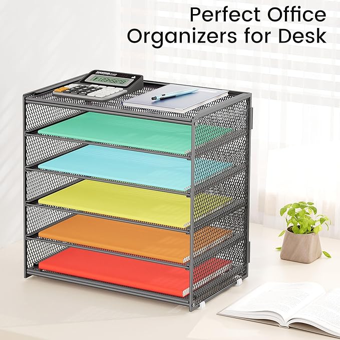 2 Pack 6 Tier Paper Organizer, Metal Mesh Desk File Folder, Letter Tray Organizer, Paper Sorter Desk Organizers for Office, Home or School File Folder Holder - Gray