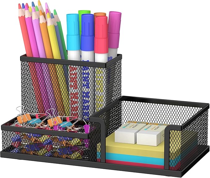 SUPEASY Pen Holder Desk Organizer, Office Supplies Pencil Holder with 3 Compartments, Desk Accessories and Workspace Organizers for Home School, Black