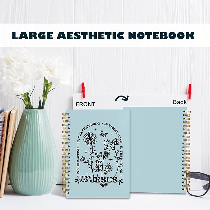 BearCake Boho Floral Christian Notebook Journal, Christian Gifts for Women, Bible Notebooks for Note Taking, Bible Journaling Notebook, Where the Jesus Hardcover Spiral Notebook 5.5x8.3 blue