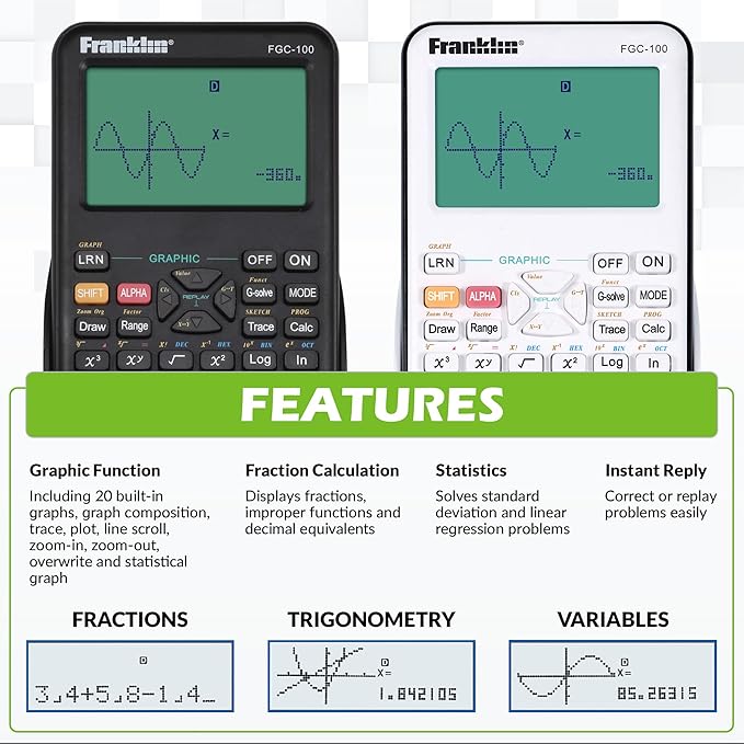 Franklin Scientific Graphing Calculator with 3 Operating Modes - Scientific Calculator Includes 20 Built-in graphs - Ideal for Beginner and Advanced Courses with Protective Cover - White