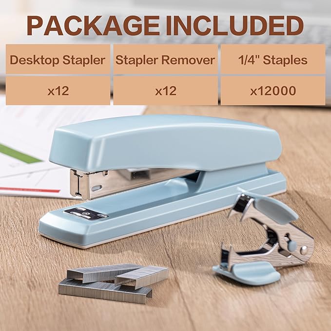 Deli Stapler, 12 Pack Staplers with 12000 Staples and 12 Staple Removers, Staplers for Desk, 25 Sheet Capacity, Assorted 6 Colors