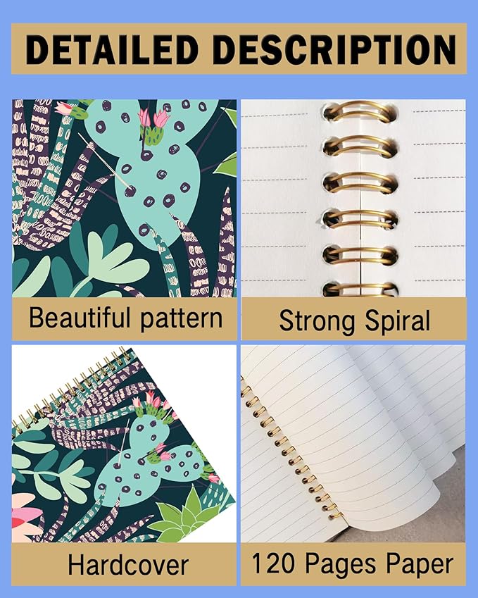 Spiral Notebook A5, Hardcover Journal for Women, 120 Pages Thick College Ruled Paper, Perfect for Office, School, or Home Use(Doodle Cactus)