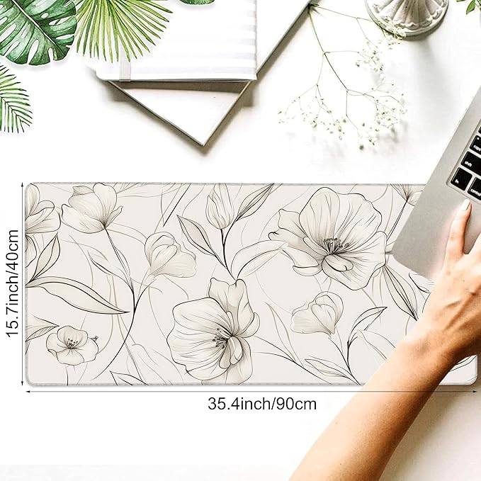 Desk Pad, Boho Minimalist Flowers XXL Gaming Mouse Pad with Stitched Edges,Non-Slip Waterproof Rubber Base Large Desk Mat for Keyboard and Mouse 35.4"x15.7"