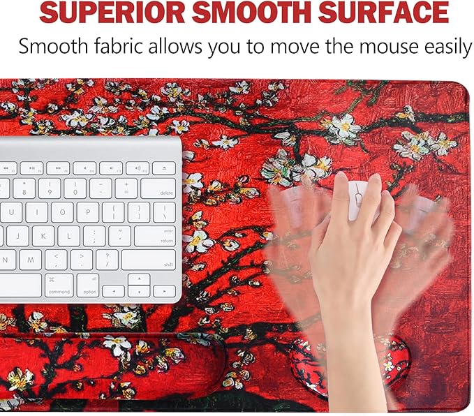 ARTSO Large Gaming Mouse Pad, Keyboard Wrist Rest Pad & Wrist Support Mousepad Set, Stitched Edge, Extended, Non-Slip Base, Memory Foam Desk Mat 4pcs for Office & Home, Red Van Gogh Painting
