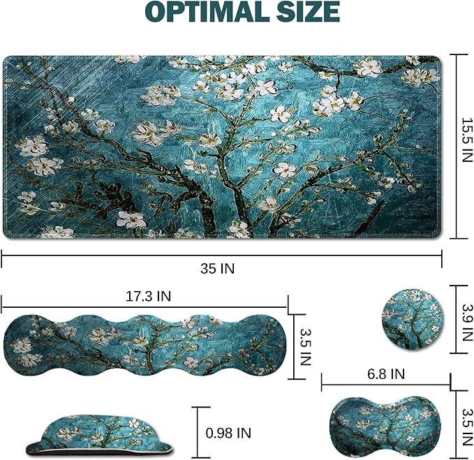 Upgraded Extended Gaming Mouse Pad, Keyboard Wrist Rest Pad, Wrist Support Mousepad Set, Artso Large Stable Rubber Base Stitched Edges, Multifunctional Desk Pad 35 x15.5 in, Blue Van Gogh Painting