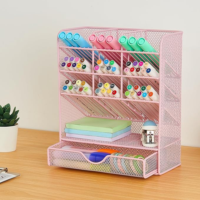 Spacrea Pen Holder Desk Organizer - Desk Organizers and Accessories, Pencil Holder with 10 Compartments and 1 Drawer（Pink）