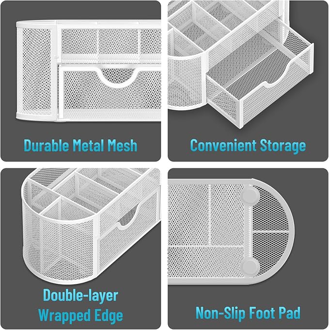 SUPEASY Mesh Desk Organizer, Desk Accessories & Workspace Organizers with Drawers, Pencil Holder for Desk with 9 Compartments for Office Suppliess, 8.6 x 4.3 x 4.1 Inch, White