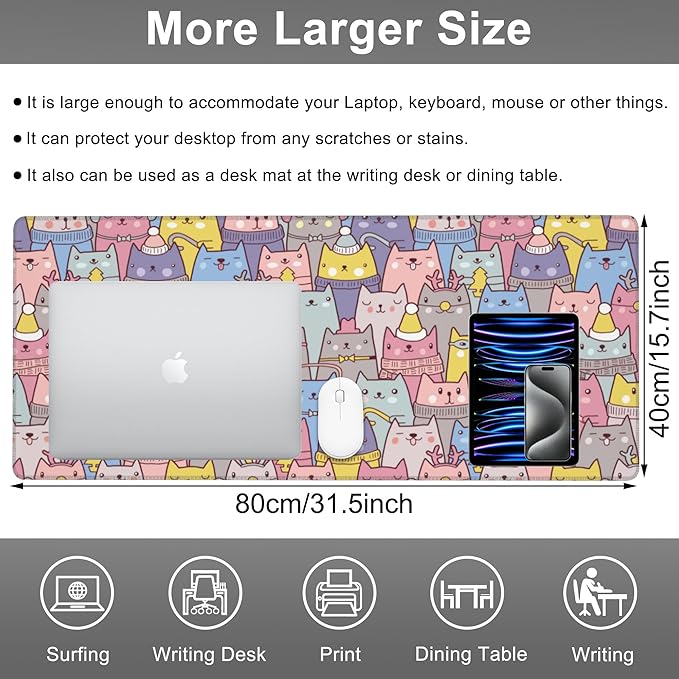 Mouse Pad, Large Cute Christmas Cats Desk Mat, Extended Non-Slip Gaming Keyboard Mousepad Desk Pad, Thick Stitched Edges Waterproof Mouse Mat 31.5"x15.7" (Cartoon Christmas Kittens)
