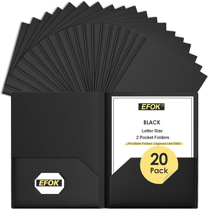 20 Pack Heavy Duty Black Plastic Folders with 2 Pockets Bulk, Textured File Folders with Business Card Slot, Letter Size Filing Supplies for Back to School & Office Organization