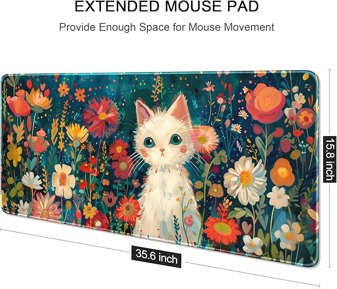 Auhoahsil Large Gaming Mouse Pad, Cat Theme XXL 35.4 x 15.7 in Desk Pad Stitched Non-Slip Rubber Long Computer Mousepad Thin Extended Full Size Desk Mat for Desktop, Laptop, Wireless Mice, Red Black