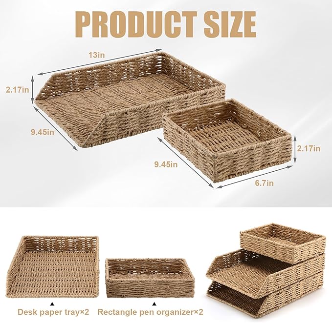 Geelin 3 Pack Woven Paper Rope Stackable Desk Organizer Letter Tray, Tabletop Desk Basket for Storage Paper Letter Folders Notebooks Copy Print, Workspace Holder, Keep Stationery Saver