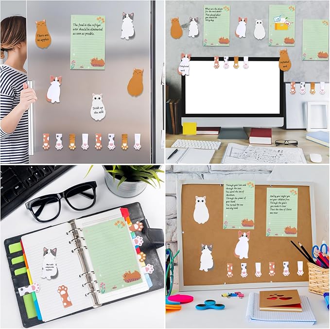 Cat Sticky Notes Set, 360 Sheets Cute Cartoon Animal Cat Self-Stick Notes Pads Cat Themed Memo Pads Cat Paw Page Markers Sticky Index Tabs for Cat Lovers Students Office School Supplies