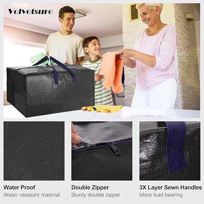 Heavy Duty Extra Large Moving Bags W/Backpack Straps - Strong Handles & Zippers, Storage Totes For Space Saving, Fold Flat, Alternative to Moving Box and Storage Bin (Set of 6, Black)