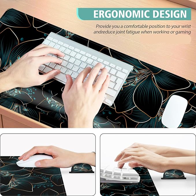 Keyboard Mouse Pad Set,Large Gaming Mouse Pad+Keyboard Wrist Rest+Wrist Rest+Coaster,Computer Desk pad Set Wrist Support for Office Desktop Laptop. (35.4" x 15.7") Extended Desk Mat (Floral)