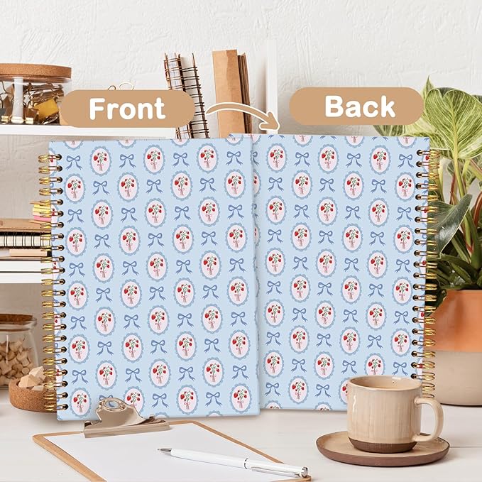 MOFUYU Blue Bow Spiral Journals for Women,Cute Notebooks for School,Strawberry Preppy Aesthetic Spiral Notebook,Strawberry School Supplies,A5 Size 5.5x8.3