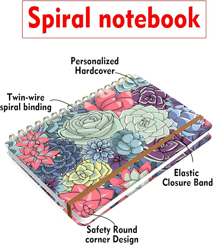 Spiral Journal Notebook for Women, Hardcover A5 College Ruled Notebook, 120 Pages, Thick Paper, Cute Lined Journal for School, Office & Work, 6 x 8.4 in(Cute Succulents Plant)
