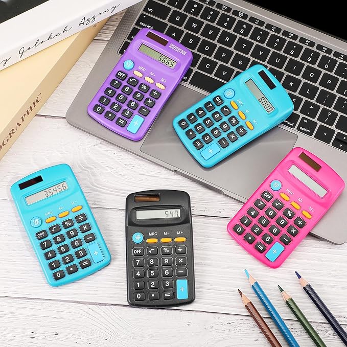 20 Packs Pocket Size Mini Basic Calculators for Students 8 Digit Display Solar Battery Dual Power Small Calculators for Desktop Home Office School Students Kids, 4 Colors