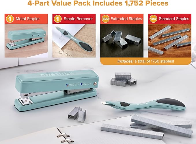 Bostitch Titan Heavy Duty Metal Stapler, 50 Sheet Capacity with 1250 Staples and Ergonomic Staple Remover, Jam Free Stapling, Full Strip Stapler for Desk, Office and Classroom, Sage