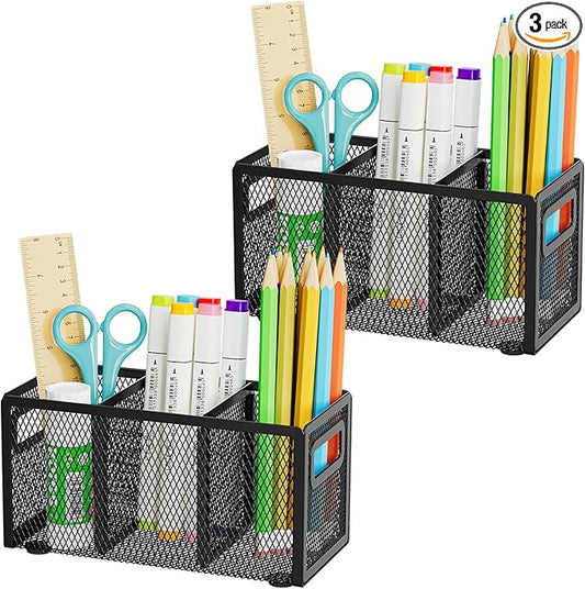 Marbrasse 2P Mesh Pen Holder for Desk,Pencil Holder Desk Organizer 3 Adjustable Compartments,Pencil Cup with Handle Perfect for Classroom, Office, Home,Makeup,Art (Black)