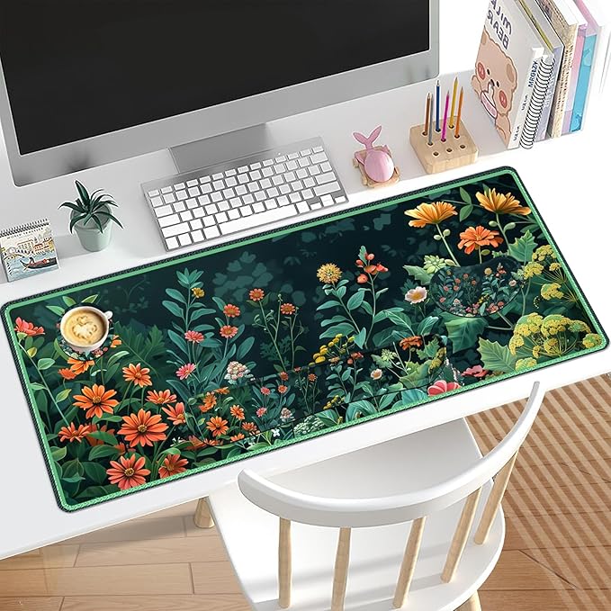 Desk Mat for Keyboard and Mouse, 4 in 1 Desk Pad, Ergonomic Mouse Pad Wrist Support, Keyboard Wrist Rest Set, Large Gaming Mouse Pad with Stitched Edges for Home Office, Green Daisy Leaves