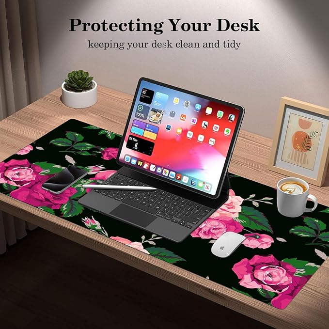 Pink Rose Desk Pad Protector, Stitched Edges Flower Mouse Pad, Large Office Mat, Non-Slip Blotter, Laptop Pad, Floral Writing Pad for Office and Home (31.5" x 15.7")