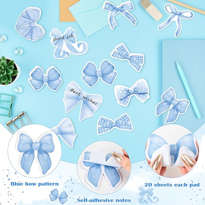 CJiangpo 30Pcs Coquette Sticky Notes Cute Blue Bow Sticky Note Pads, 600 Sheets Self Stick Cartoon Notepad Memo Pads Funny Page Marker Classroom Rewards Bow Themed Party Favors Filler Gifts for Kids