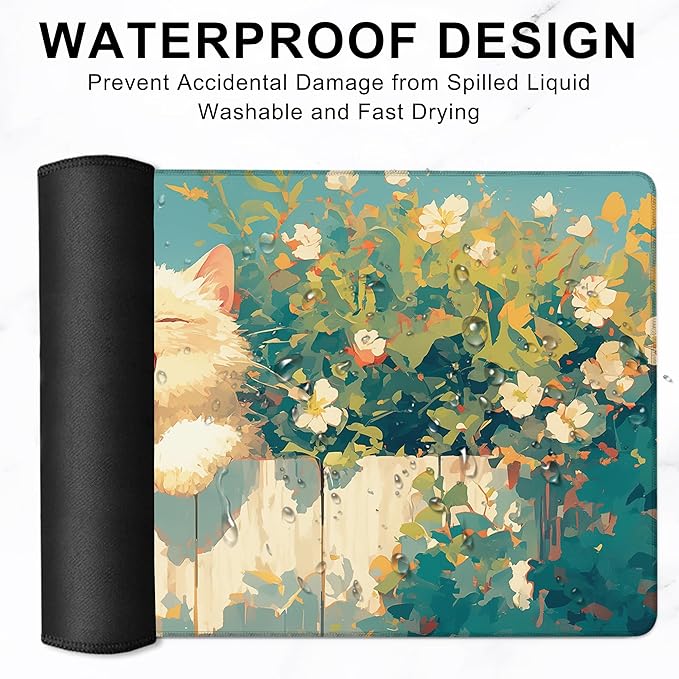 Gaming Mouse Pad, Cute Happy Cat with Flower Large Desk Mat for Keyboard and Mouse,Non-Slip Rubber Base and Stitched Edges Desk Pad for Home Office 35.4x15.7in