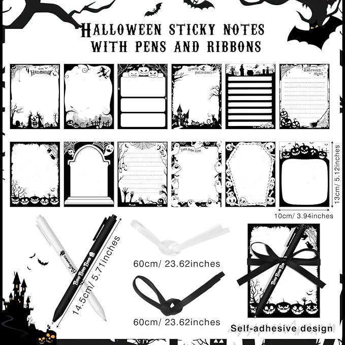 36 Pcs Halloween Sticky Notes Include 12 Spider Pumpkin Bat Ghost Notepads and 12 Pen and 12 Ribbon Halloween Self Adhesive Memo Pads Gifts for School Office Home Party Supplies