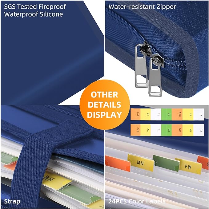 JUNDUN Accordion File Organizer - Fireproof Accordion Folder with Zipper & Labels - 12 Pocket Expanding File Folder with Multi-Pockets Paper Organizer Folder for Letter A4 Files and More (Blue)